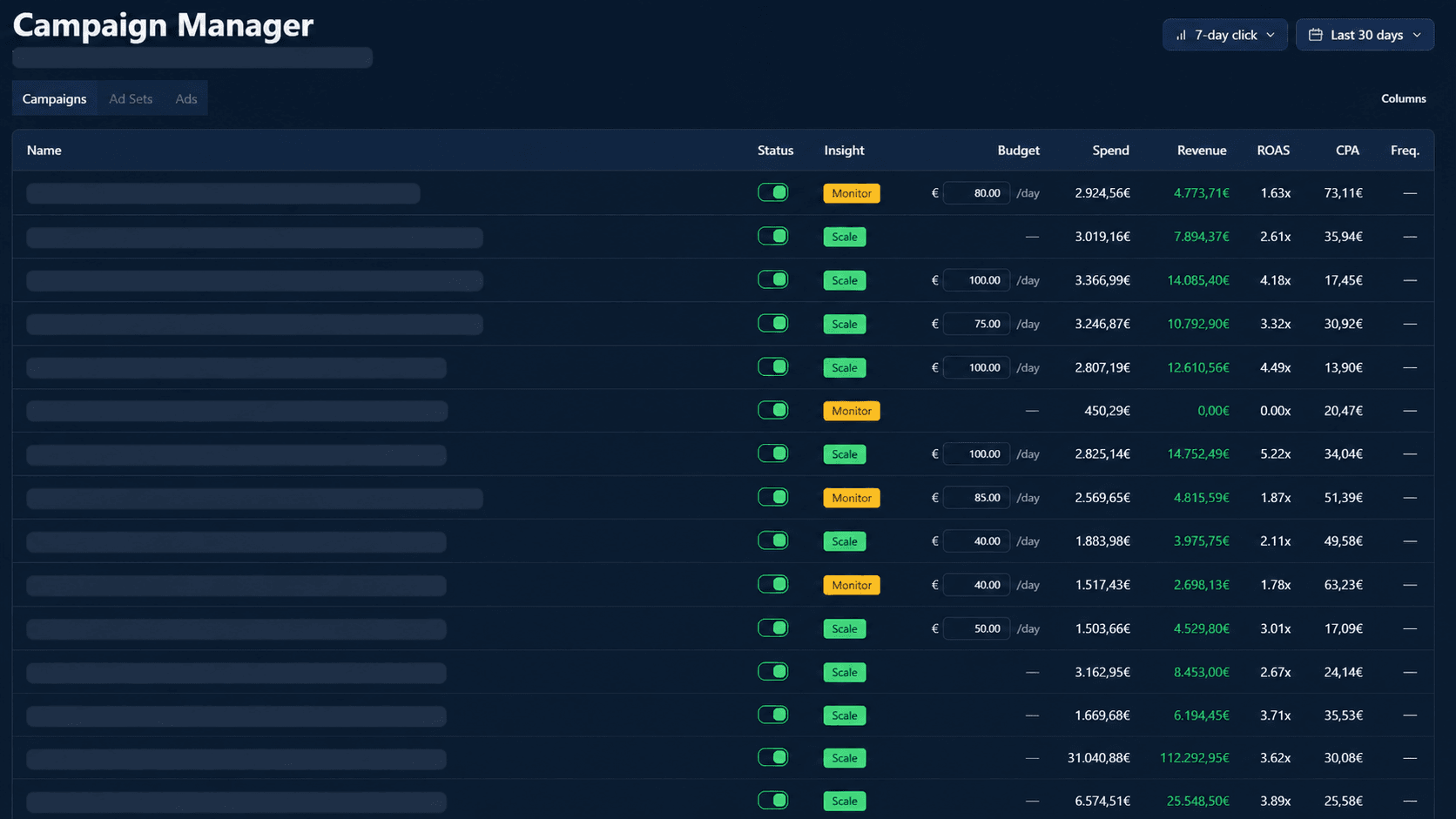 AdAtlas Campaign Manager beta with campaign, ad set, and ad controls.